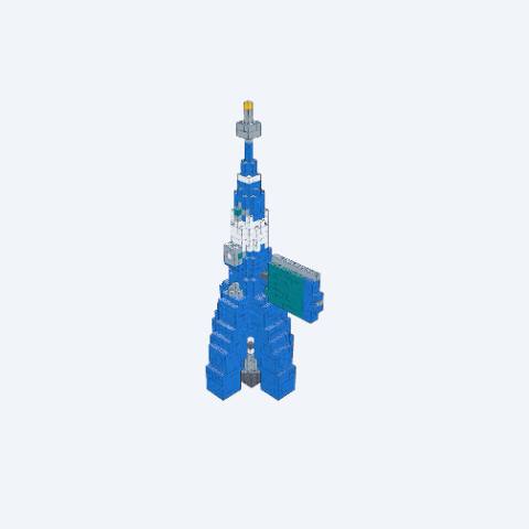 A Retro-Space Exploration Rocket with solar array wing panels, in white and blue. LEGO MOC