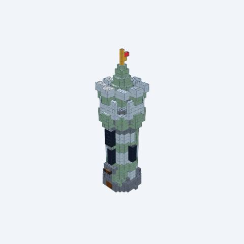 A Medieval Castle Tower with battlements, in sand green and stone gray. LEGO MOC