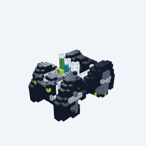 A Steampunk Hover Car with emerald crystal cluster highlights, in high-contrast black and white. LEGO MOC